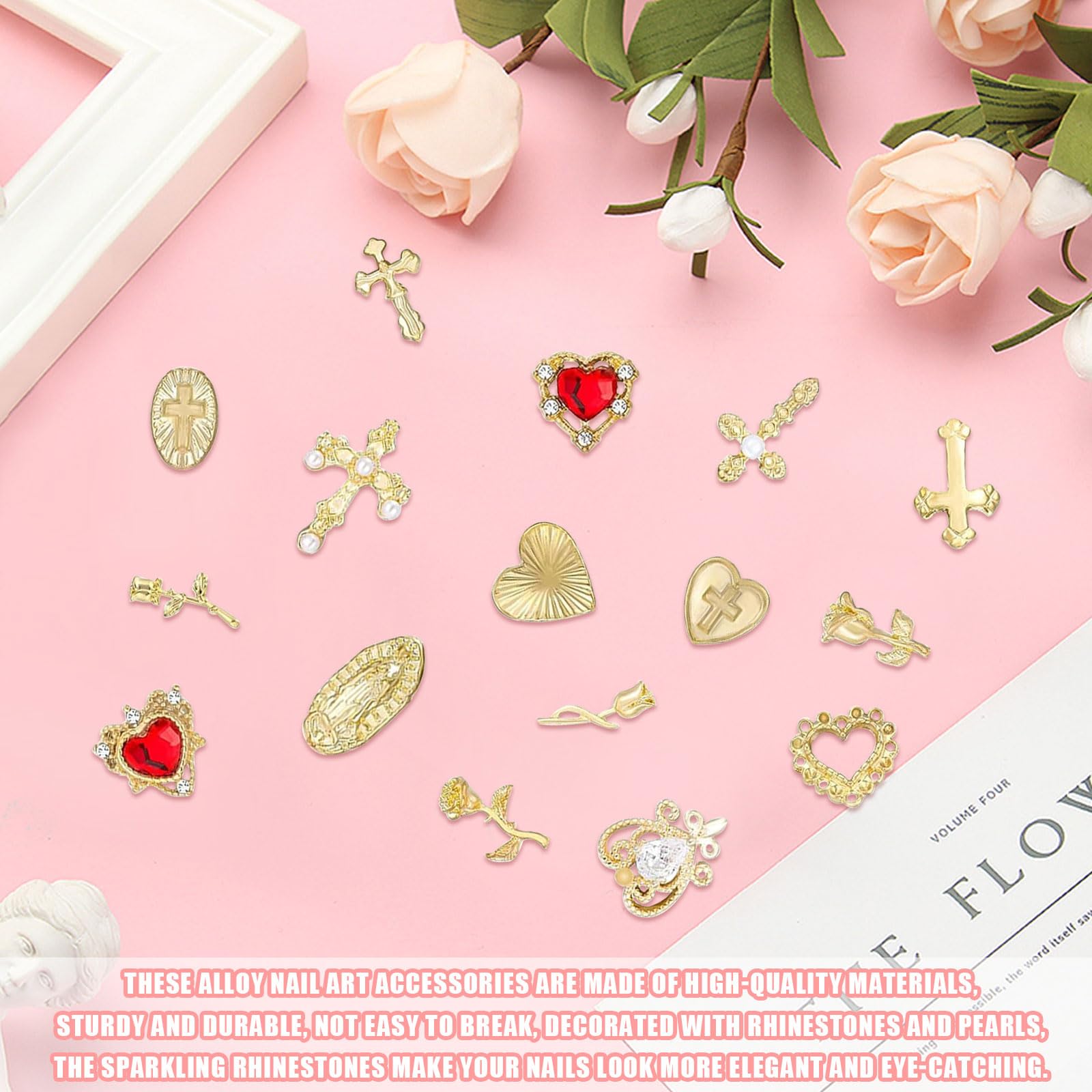 Gold Nail Charms,80Pcs Cross, Rose, Heart - Image 3
