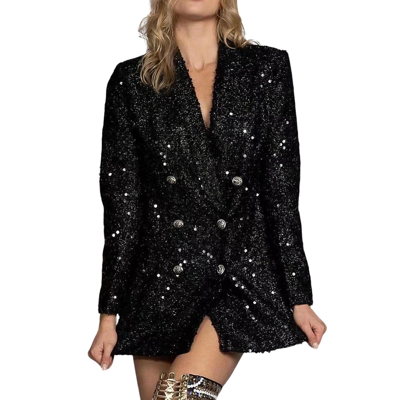 Giacca Lunga Da Donna Modello Blazer Doppiopetto Con Scollo A V Revers E Maniche Lunghe Realizzata in Tessuto Scintillante Con Paillettes