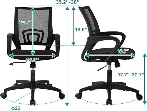 Miniatura 2 de HHS Silla de oficina ergonómica, silla de escritorio de malla con respaldo medio, silla de computadora con soporte lumbar, silla ejecutiva con Negro