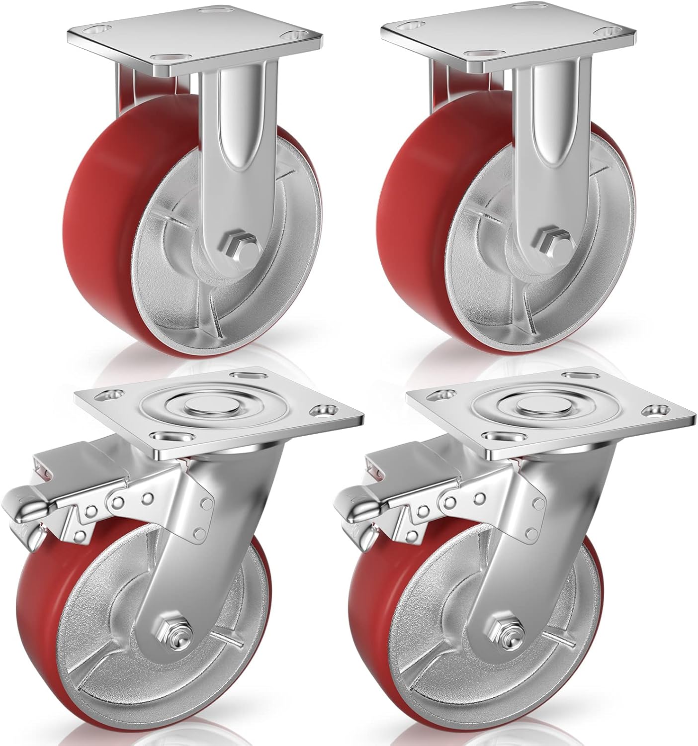 Casters Set of 4 Heavy Duty 6 inch with Brakes 2 and Fixed - ASRINIEY Locking Casters with Quiet Polyurethane on Steel Wheels, Swivel Plate Industrial Caster for Tool Box Trolley Workbench, 5000 lbs