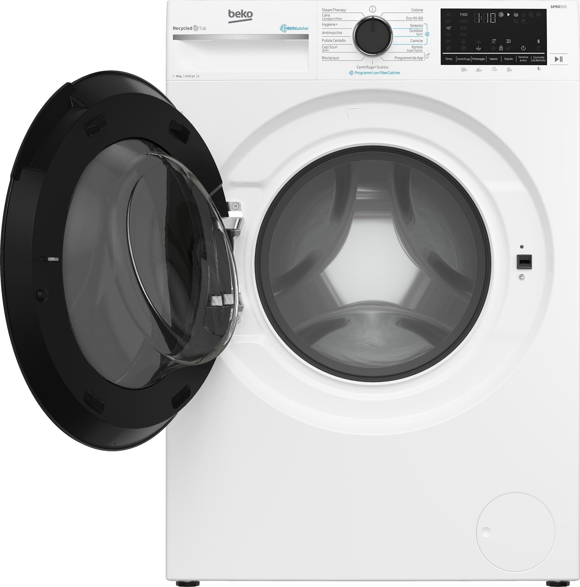 Beko - BWT584BF -Lavatrice filtro microplastiche, 8kg, Cl A, 1400 giri, motore inverter, Display touch, oblò nero, funzione a vapore SteamCure™, vasca in plastica PET riciclata, Bluetooth
