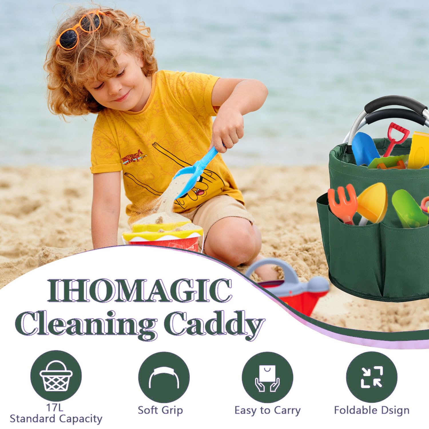 Contenitore per la Pulizie con Manico - Pieghevole, Borsa per Attrezzi da Giardino, con 6 Tasche Esterne, per Kit di Attrezzi da Giardino, Accessori per la Pulizia, Casa, Verde