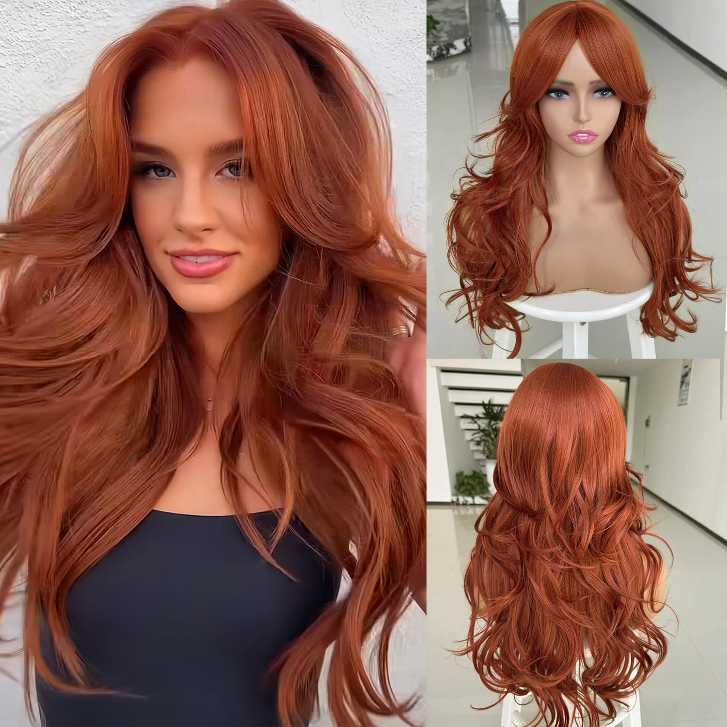 Amazon.com : Aisaide Auburn Wig with Bangs Long Wavy Copper Red