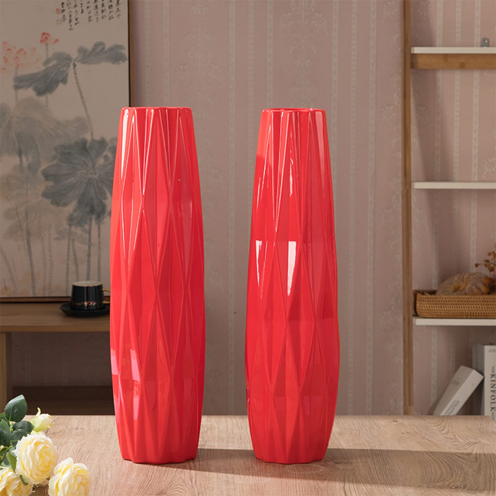 Amazon.co.jp: 赤い陶磁器の花瓶、大きい床の花瓶、現代素朴な家の装飾