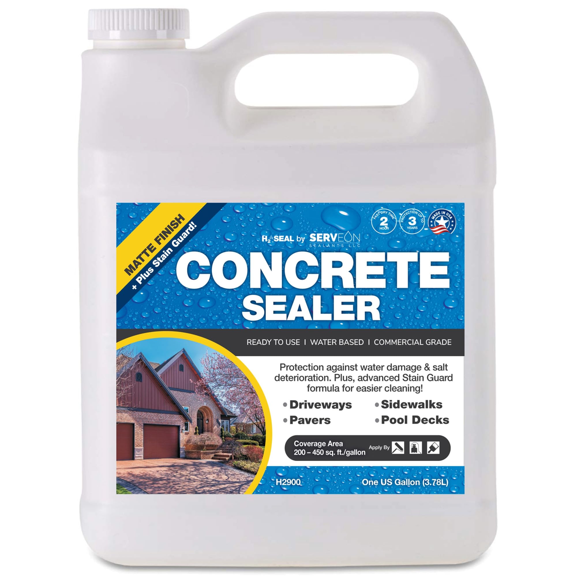 Serveon Sealants Concrete Driveway Sealer Plus Stain Guard (Matte Finish) Commercial Grade Outdoor Indoor Waterproof Sealant Protects Pavers Sidewalks Pools (1 Gallon) H2900