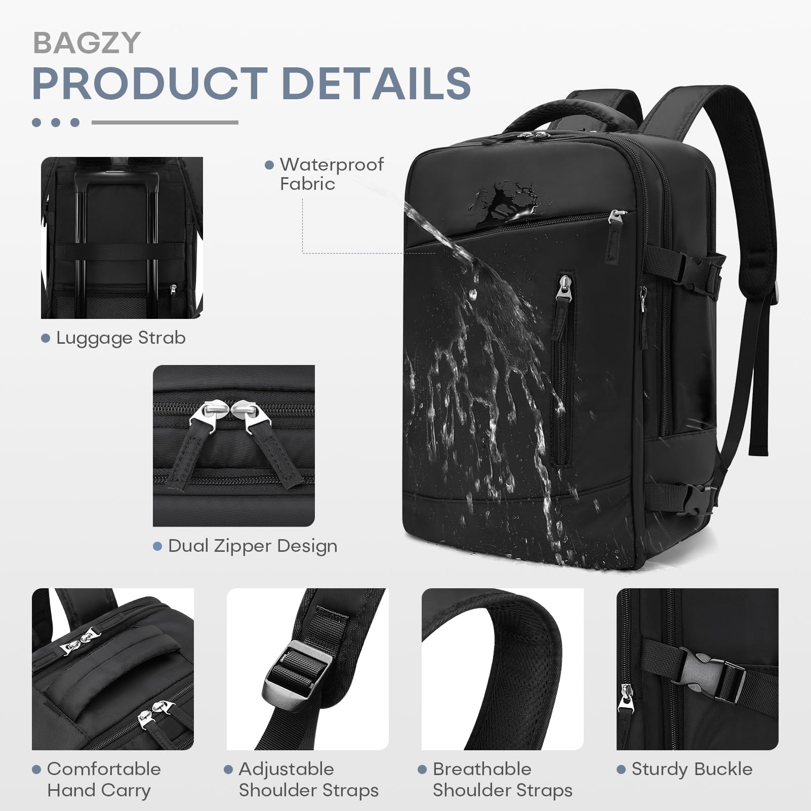 BAGZY 30x40x15cm Handgepäck für British Airways jet2 Air France 20L Reiserucksack Flugzeug 14 Zoll Laptop Rucksack mit USB Ladeanschluss Wasserdicht Carry-ons Hand Luggage für Arbeit Damen Herren