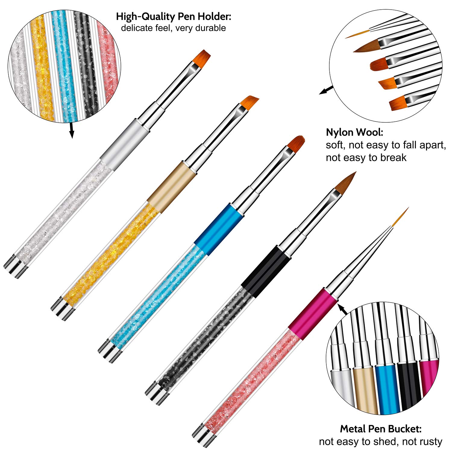 Pennelli Unghie Gel Professionali Nail Art Pennelli con Manico Strass Strumenti per Nail Pittura Disegno del Chiodo fai da 5 Pezzi