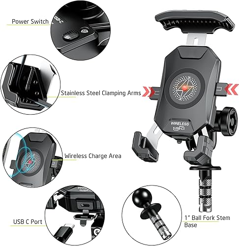 Miniatura 4 de iMESTOU Soporte de teléfono inalámbrico para horquilla de motocicleta, cargador USB C con RAM de 1 pulgada de bola se adapta a Kawasaki, Ducati,
