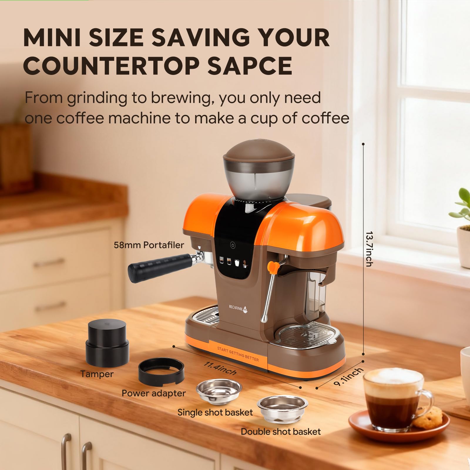 RECAFIMIL19 Bar Espressomaschine mit Bohnenmühle, 2-in-1-Kaffeemaschine, Cappuccino- und Latte-Zubereiter mit Milchaufschäumer, Touchpanel, abnehmbarer Wassertank (Orange)
