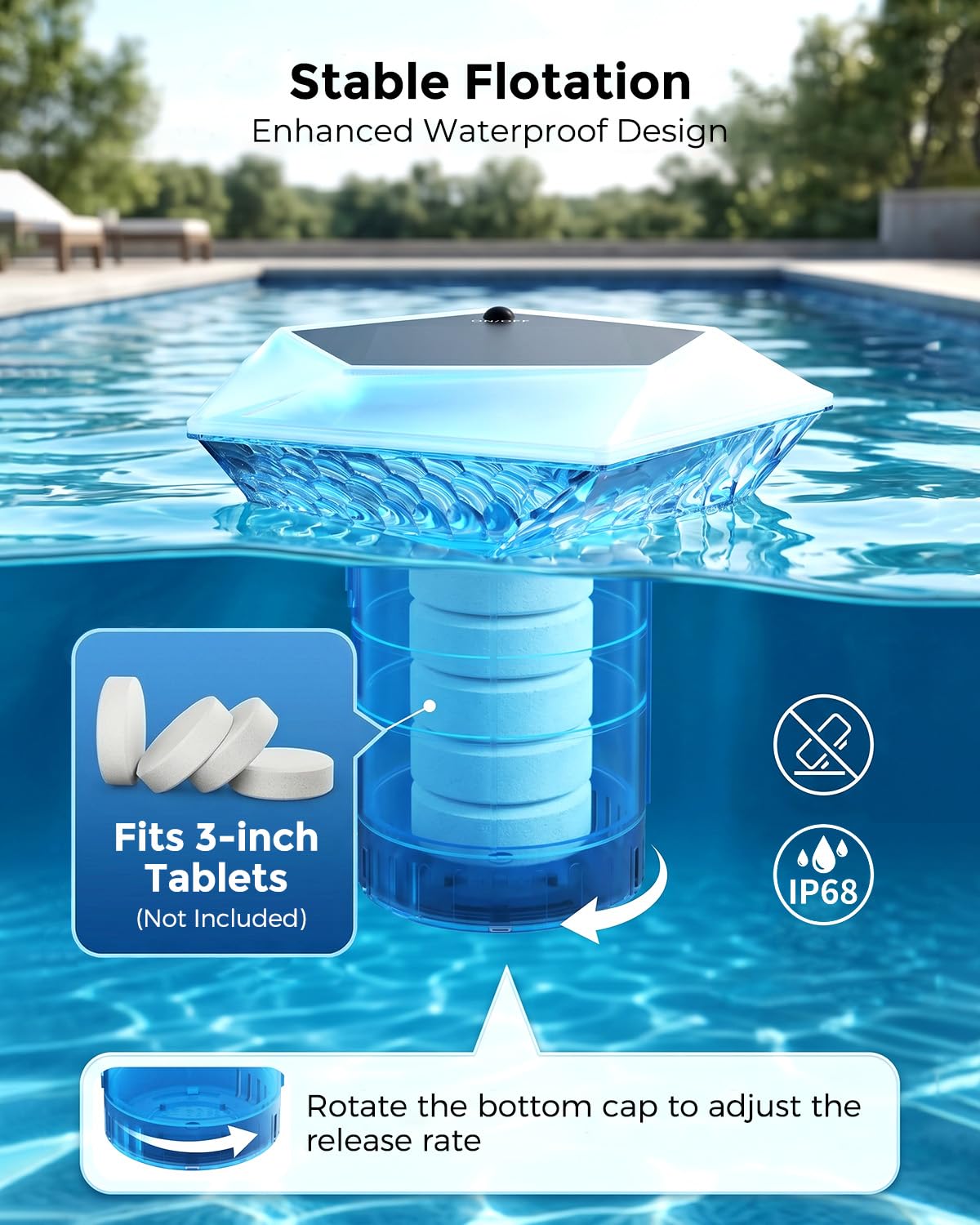 MYMULIKE Doseur Flottant pour Piscine - pour tablettes de Chlore de 8 cm - Grand doseur de Chlore pour Piscine avec éclairage de Piscine - Doseur de Chlore de Piscine - Distributeur de Chlore
