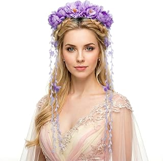 Syhood Flower Headband Floral Fairy Crown Adjustable Butterfly Flower Headpiece with Ribbon for Bridal Renaissance(Purple)