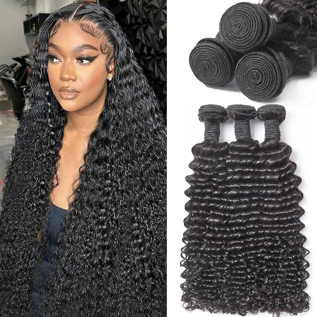 12A Human Hair Bundles 22 24 26 Inch Curly Bundles Human Hair Deep Wave Bundles Deals Wet and Wavy Quick Weave Real Hair Extensions For Women Natural Black