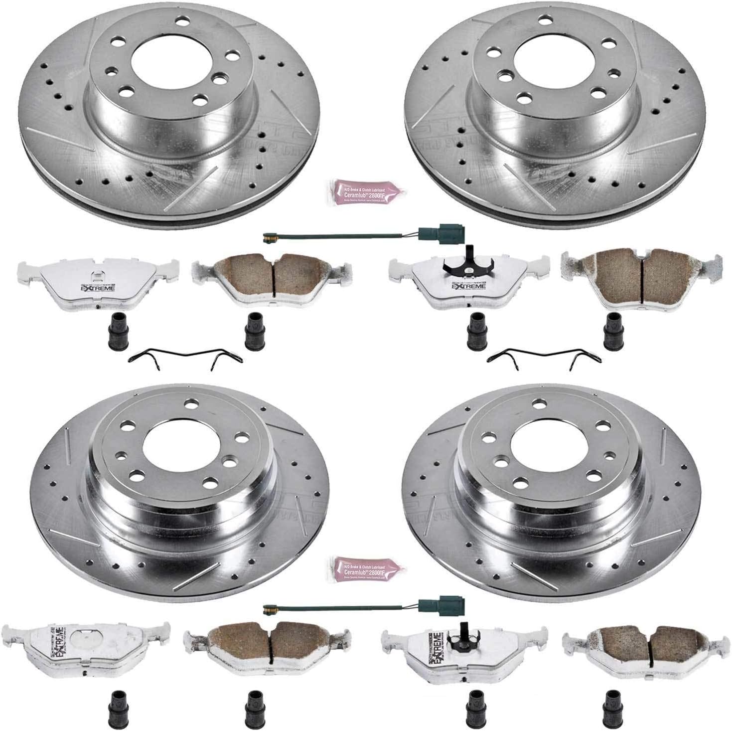 Power Stop K392-26 Front and Rear Z26 Carbon Fiber Brake Pads with Drilled & Slotted Brake Rotors Kit and 1 Front & 1 Rear Sensor Wires For BMW 525i, BMW 5, BMW 530i, BMW 535i [Model Specific]