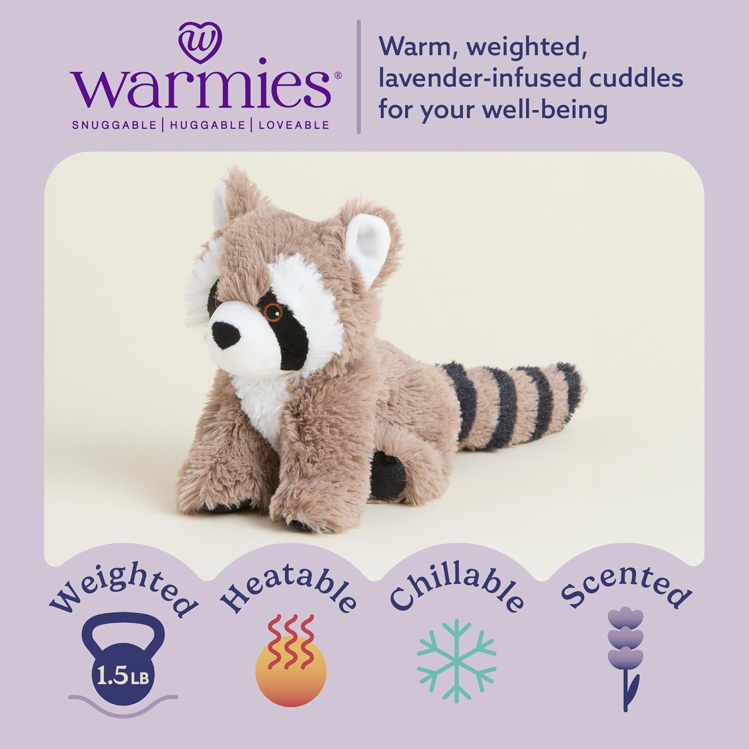 warmies Junior Microwavable & Weighted Stuffed Animals, Racoon - Heated Stuffed Animal Plushie for Warmth & Comfort - Cute Soft Plush Toys for Adults & Children (Boys, Girls, Babies & Toddlers)