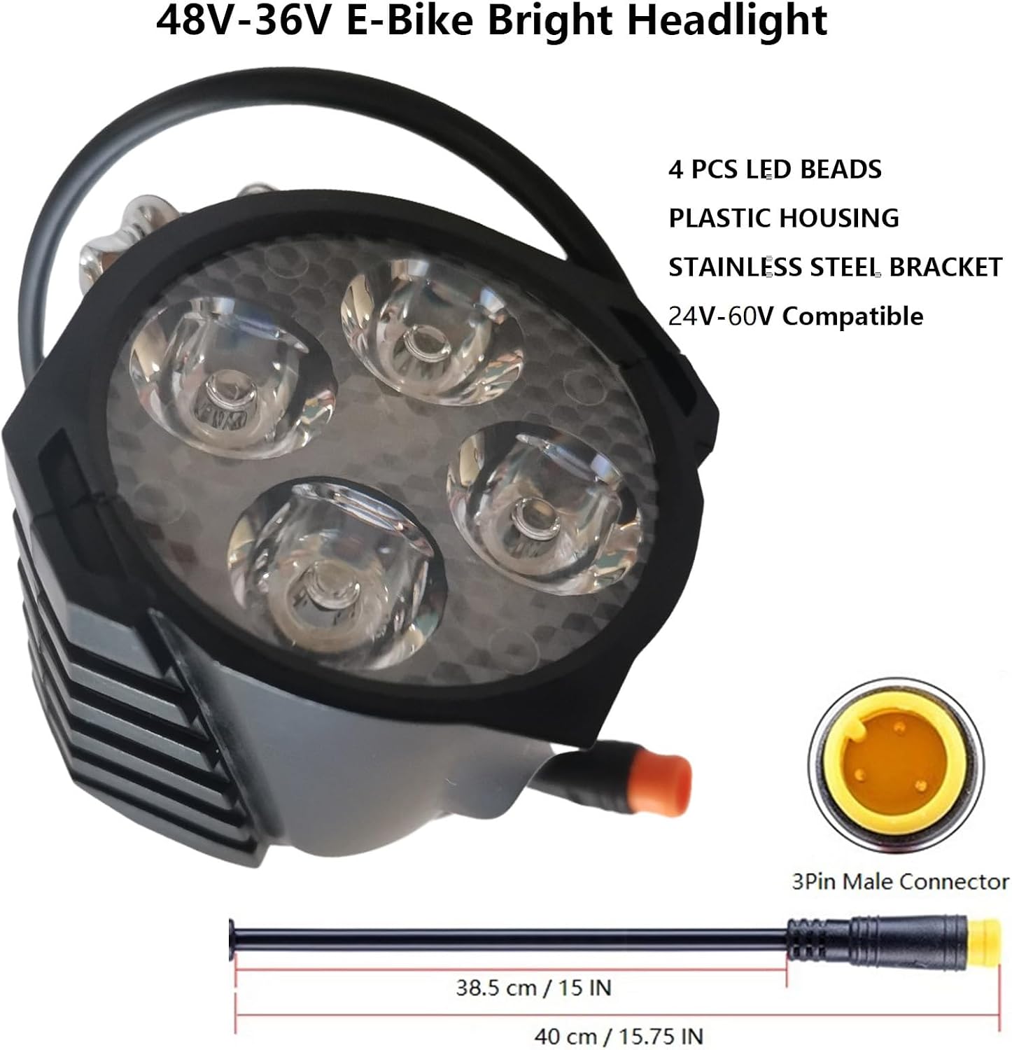 E-Bike LED Headlight with Horn 3 Pin Male Waterproof Connector 36V 48V 4 Beads Bicycle Replacement Headlamp for Electric Bicycles and E-Scooter 15 In Wire