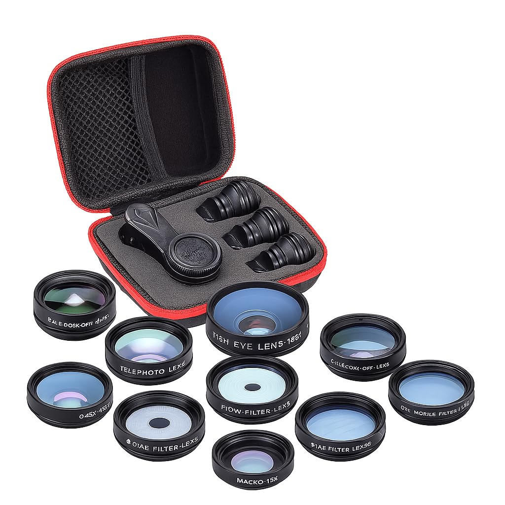 10 in 1 telecamera kit di lenti per cellualare con clip universale,fisheye198°, Macro 15x, grandangolo 0,63x,Teleobiettivo 2X, Filtri,conpatibile iphone, Android con custodia