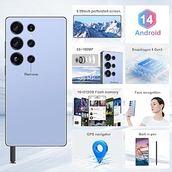 I25Ultra Unlocked Smartphone,16+512GB Unlocked Phone,6.9 HD+ Display,Built in Pen,Snapdragon 8 Gen3 7000mAh Dual Speakers 5G/Face ID/Fingerprint Lock/Dual SIM/GPS (Titanium Blue)