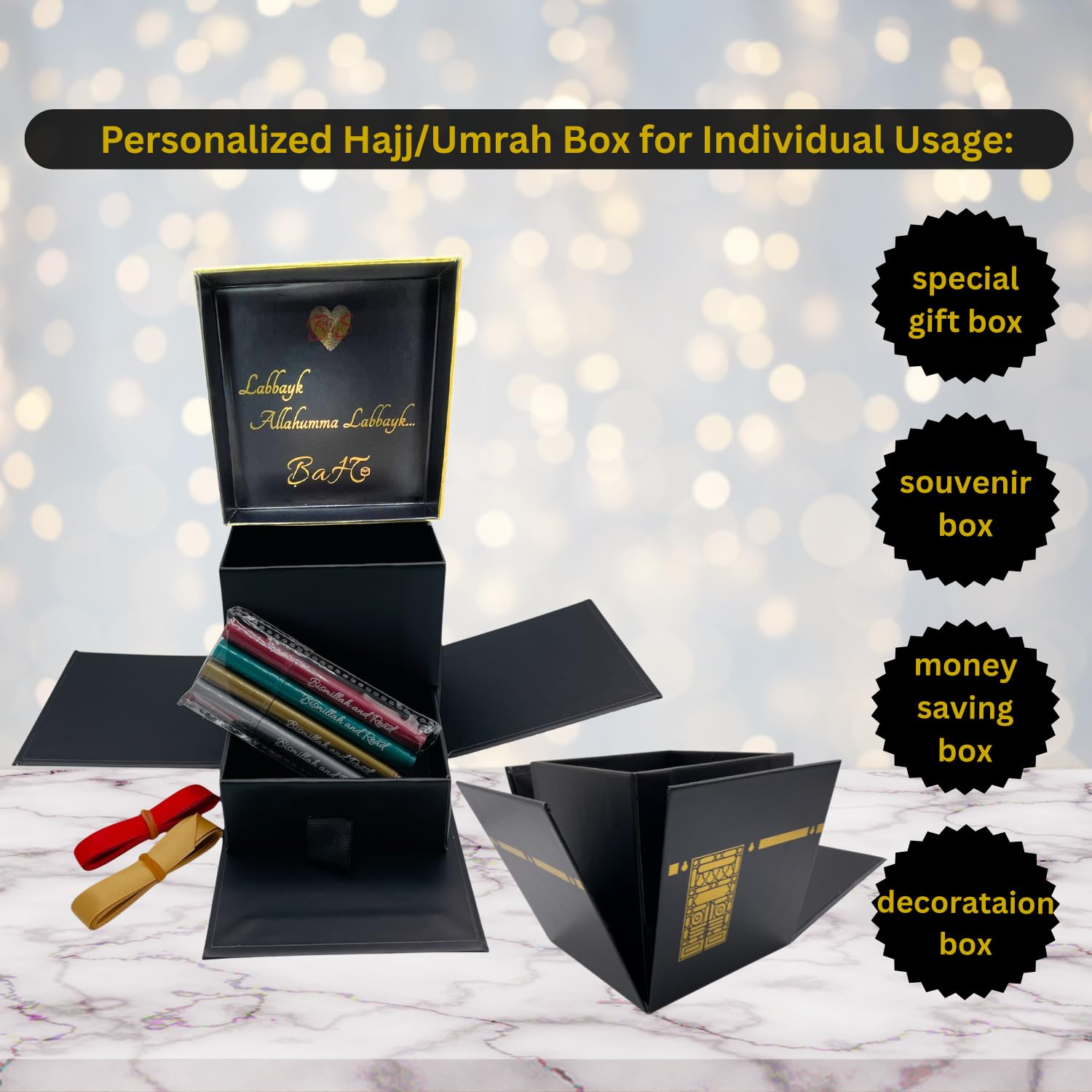 B & S Bismillah and Smile Premium Kaaba Confezione regalo per Hajj & Umrah – Elegante set con 2 nastri regalo in raso e 4 pennarelli metallici