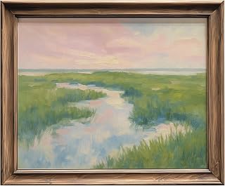Pastel Marsh Sunset Wall Art Print, Coastal Landscape Painting, Carolina Lowcountry Pink Sky Nature Artwork, Watercolor Style Grassland River Scene for Home and Office Decor, Unframed (11 x 14 inch)