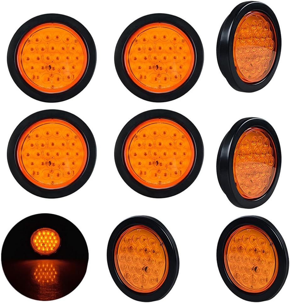 Astra Depot 8x 24-LED Amber 4" Round Truck Tail Light Turn Signal Lamps Truck Trailer RV with Grommet Plug Kit + Wiring