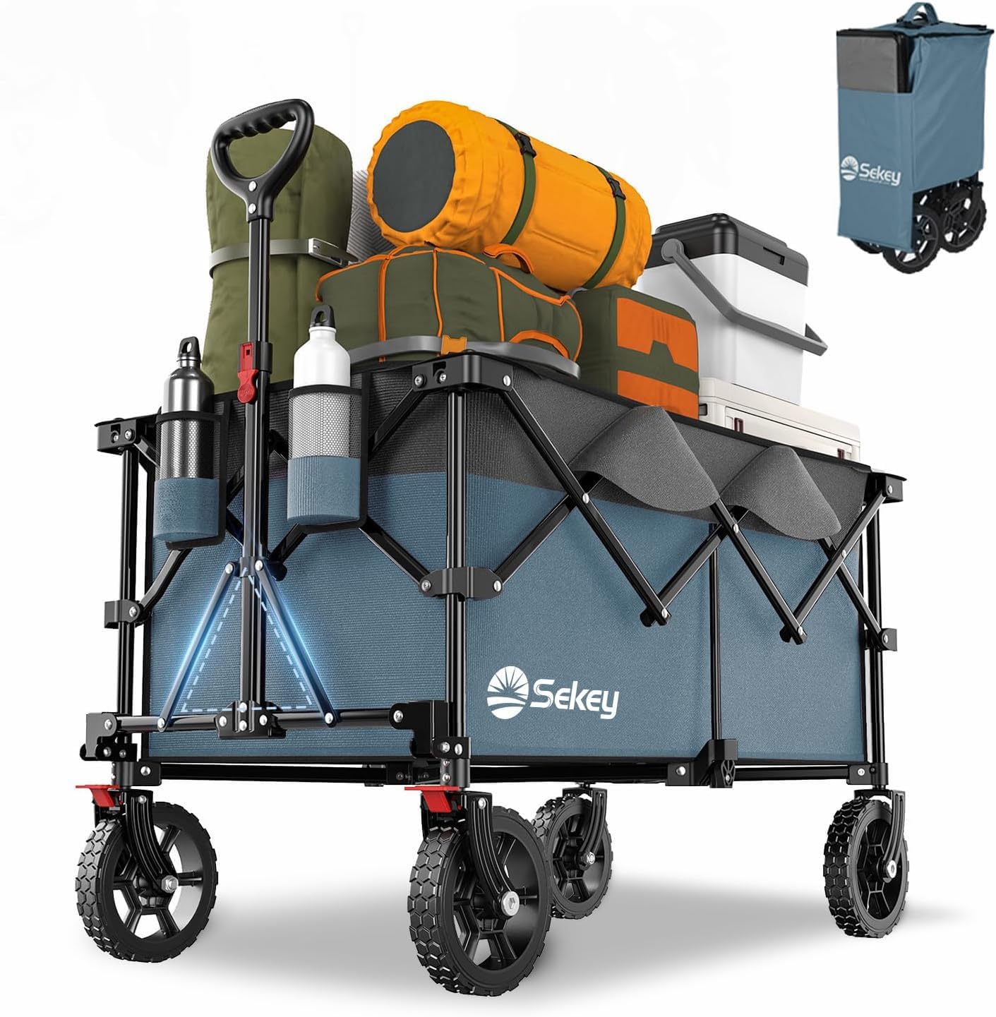 Sekey 200L Folding Festival Trolley with All-Terrain Wheels and Brake, Heavy-Duty Cart Loadable up to 150KG (330LBS), Patented Four-Directional Foldable Design, Wagon for Beach Camping, Blue&grey โ image 1