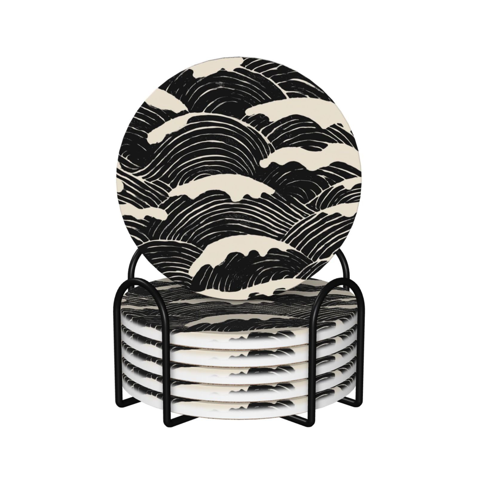 Sea Waves Black White Japanese Linocut Ceramic Coasters with Holder 6ps