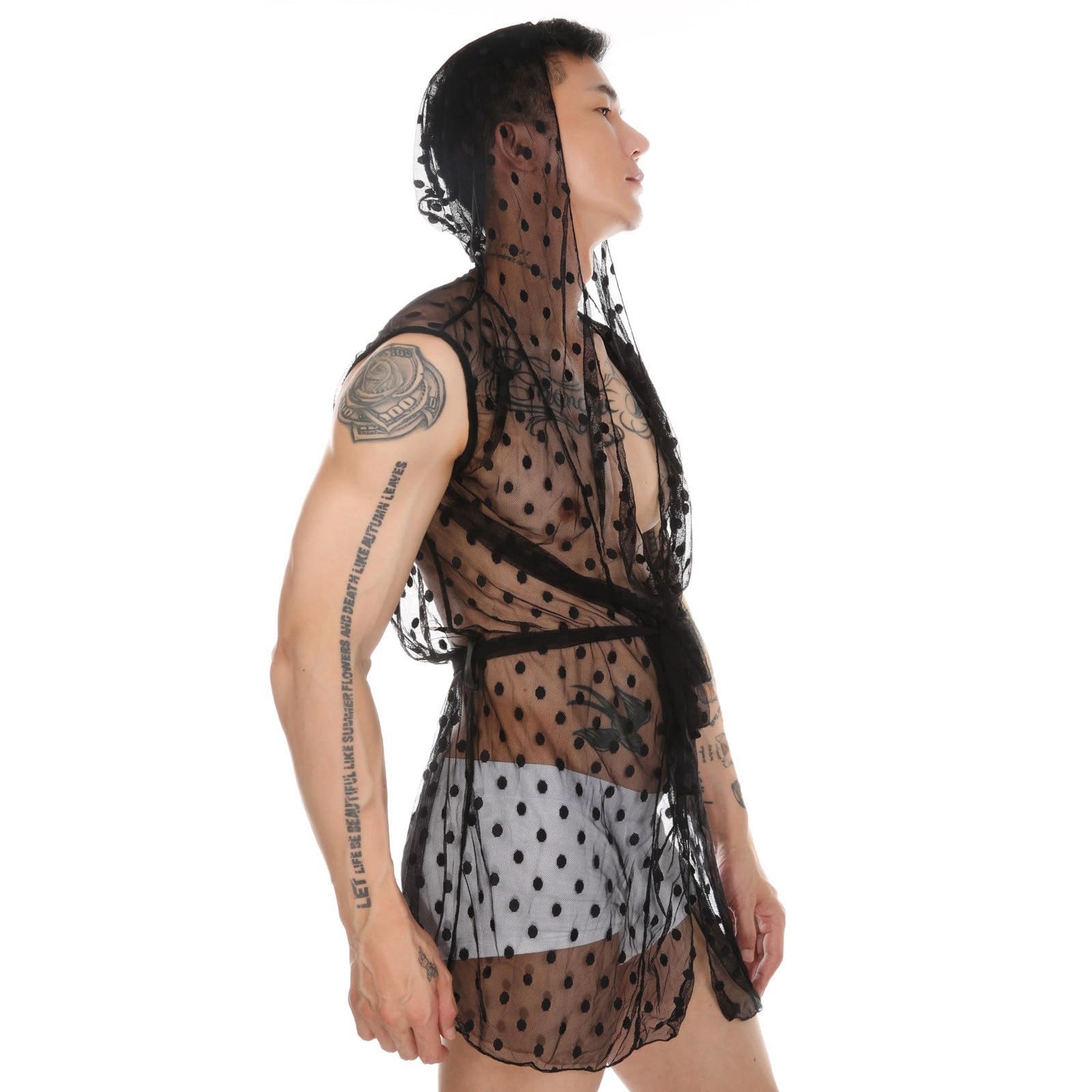 Robe de chambre longue en dentelle pour homme - Lingerie sexy - Chemise transparente - Veste sans manches - Débardeurs - Vêtements de nuit en maille - Sous-vêtements - Chemise en maille