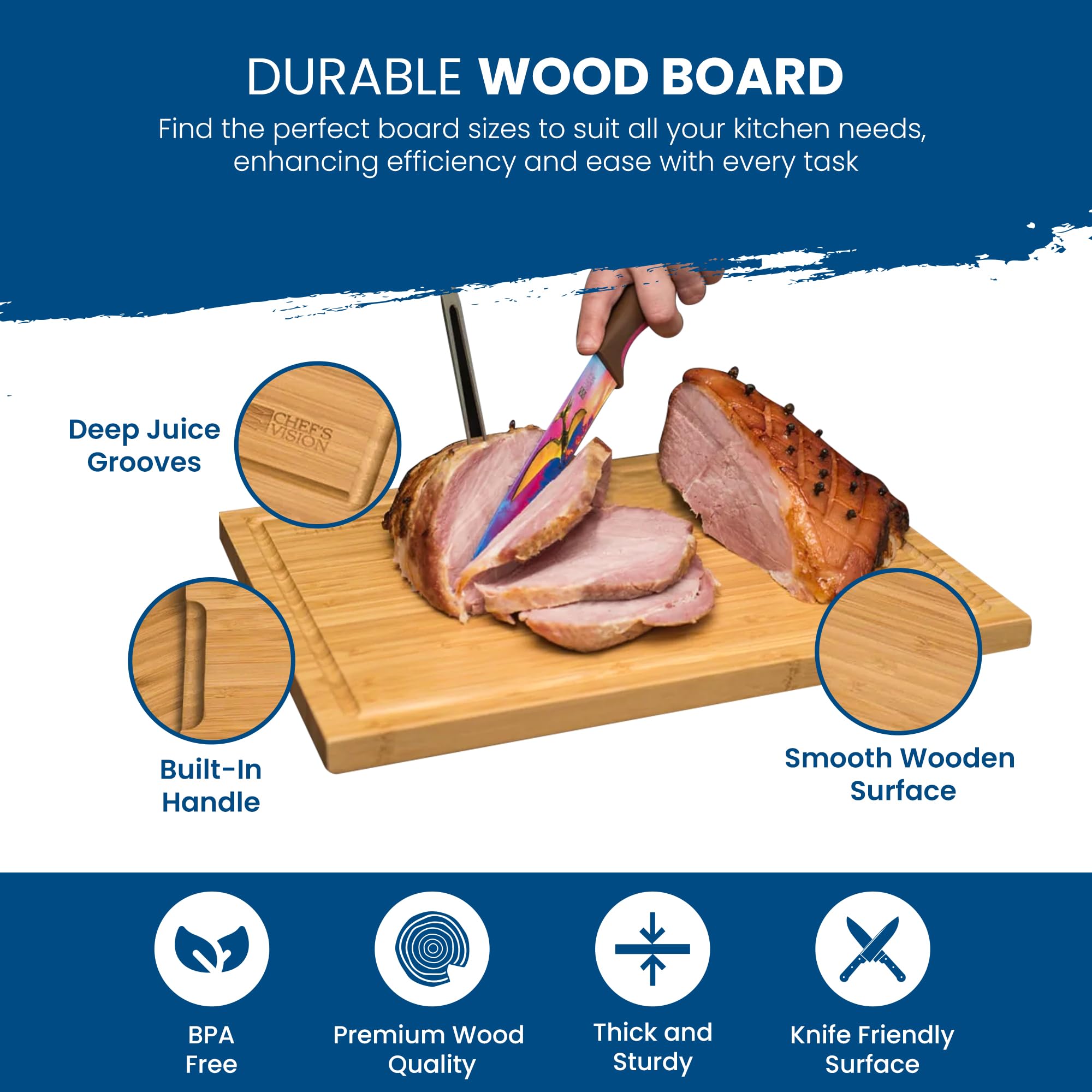 Juego de Tablas de Cortar de Bambú Chef's Vision - Set de 3 Tablas de Cortar de Madera Orgánica para Cocina - Tabla de Cortar Duradera y Ecológica para Cocina-Tamaños Extra Grande, Grande y Mediano