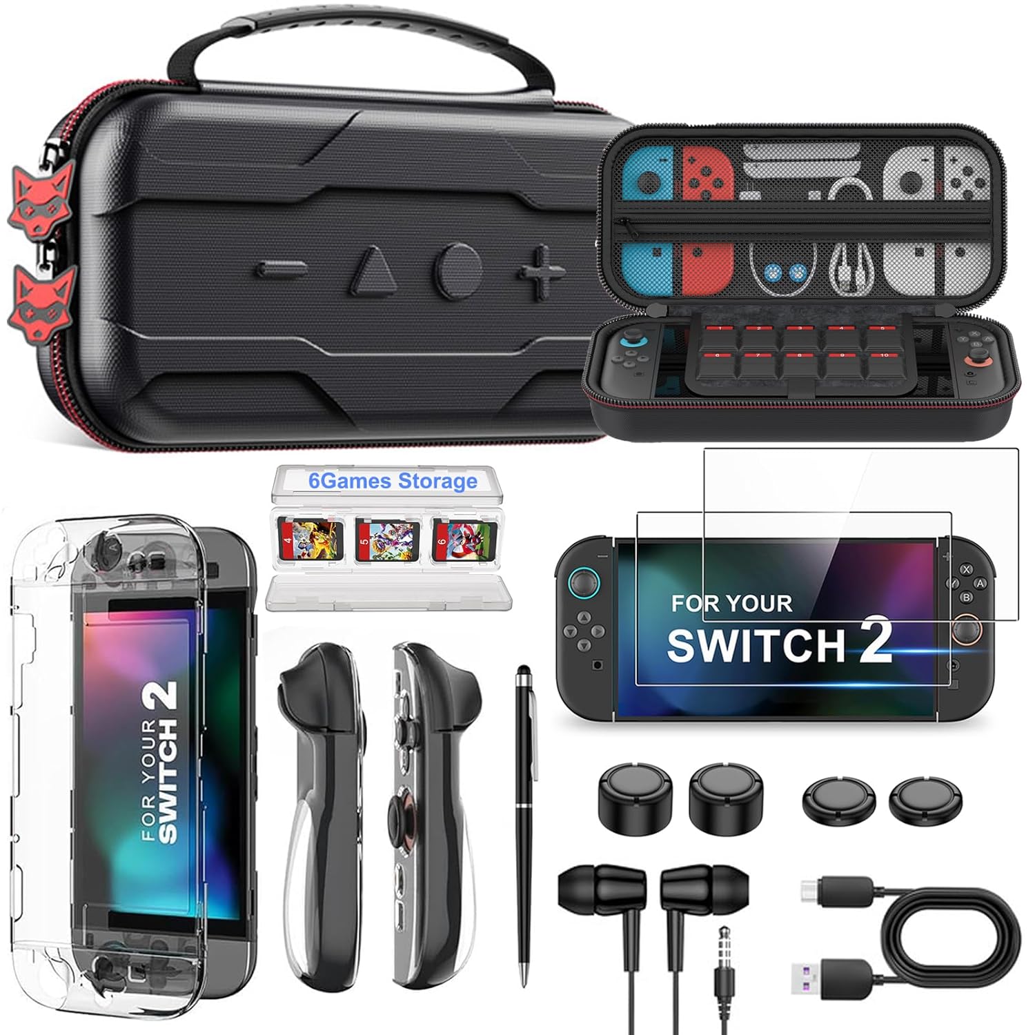 Switch 2 Carry Case Bundle for Nintendo Switch 2 (2025) -Protective Carrying Case with 7-in-1 Accessories Kit, Game Cards Slot/ 2 Screen Protectors/ Protection Cover-Travel Cases for Nintendo Switch 2