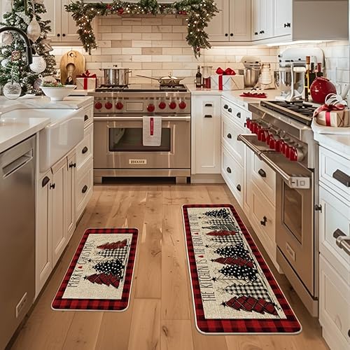 Miniatura 2 de Artoid Mode Red Buffalo - Juego de 2 tapetes de cocina con diseño de árboles de Navidad a cuadros, decoración de invierno, alfombras de cocina de