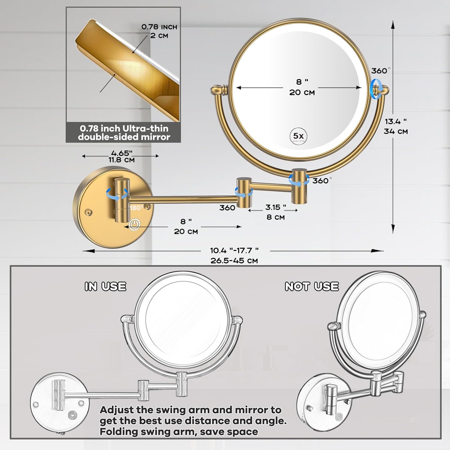 Wall Mounted Lighted Makeup Mirror with Magnification 5X, Rechargeable Bathroom Magnifying Shaving Cosmetic Mirror with Extension Swing Arm, Touch Stepless Dimming, Brushed Moderne Brass