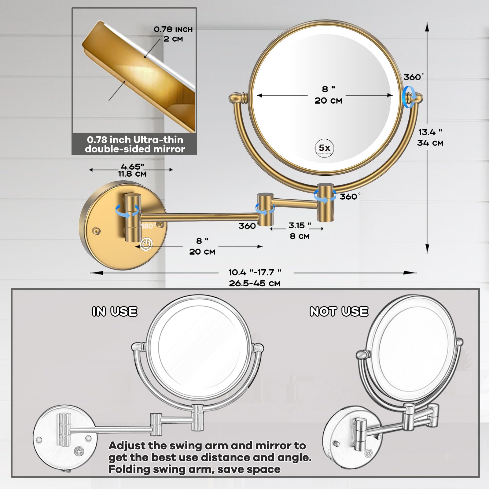 Schminkspiegel Wandmontage,1X5X Vergrößerung Kosmetikspiegel mit Beleuchtung Wand,Messing Badezimmerspiegel,Lichtspeicherfunktion,Rasierspiegel 360° Drehbar, Ausziehbar, USB Wiederaufladbar
