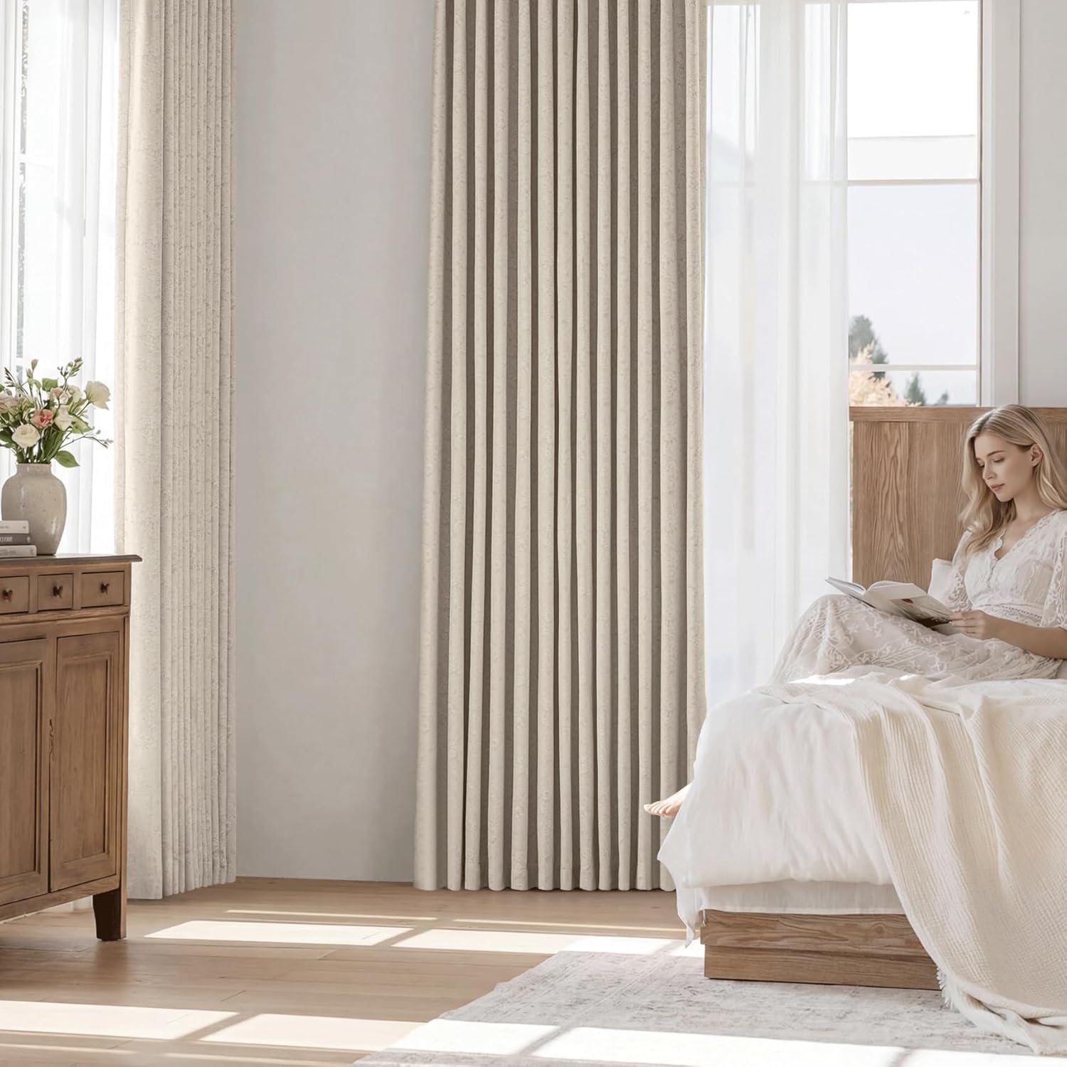 Beige Floral Jacquard Blackout Curtains 63 Inches Long for Living Room Bedroom Chenille Flower Room Darkening Thermal Insulated Soundproof Grommet Window Treatments Drapes 2 Panels