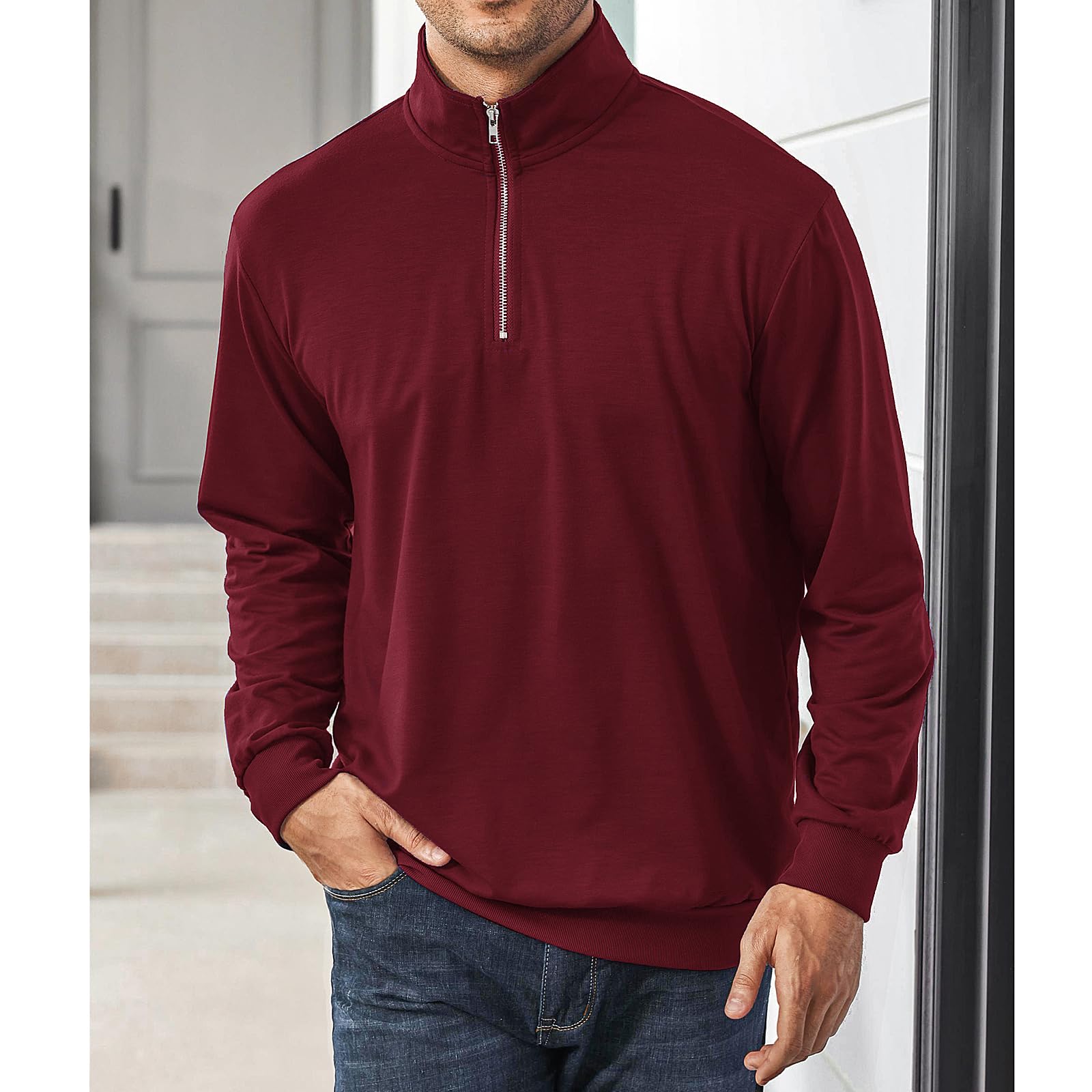 Homme Zip Pull Casual Manches Longues Polo Sweatshirt Sportswear léger Jumper col Rond Basic Top Casual T-Shirt