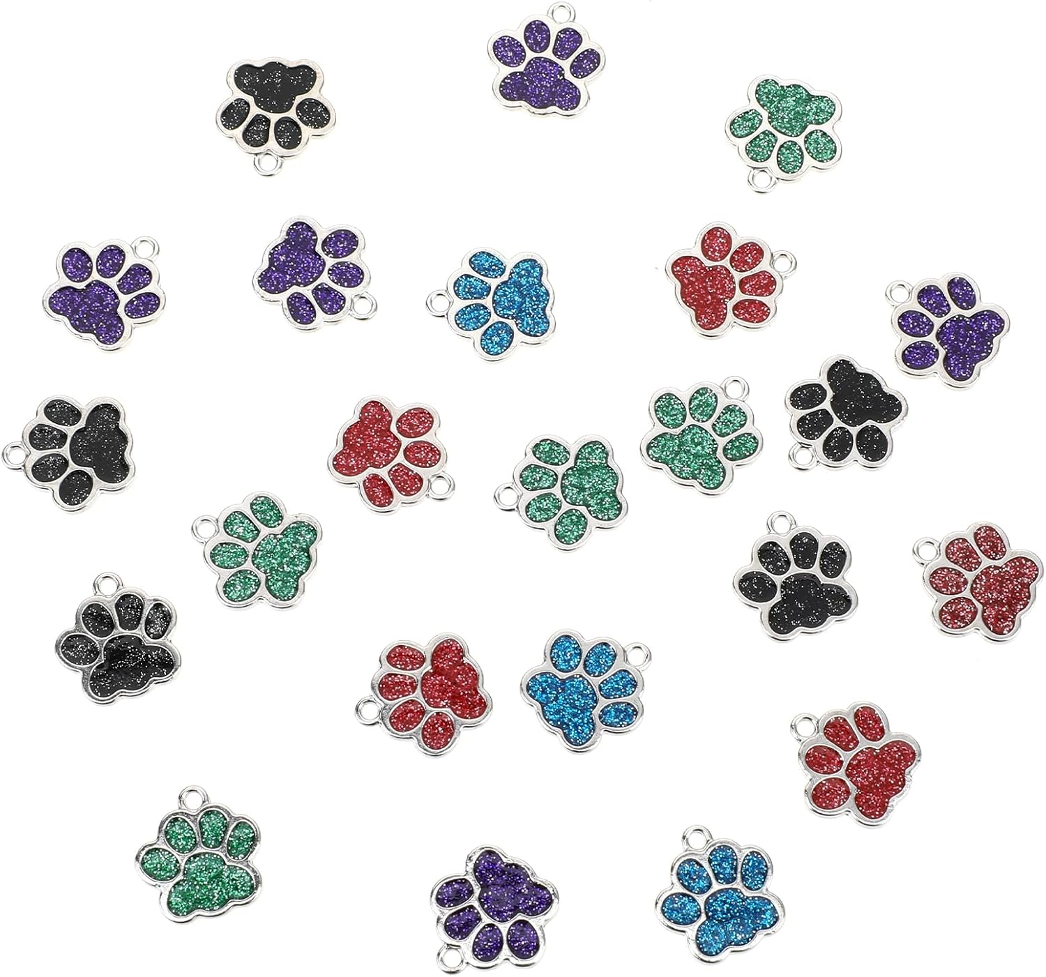 42pcs Dog Paw Print Charms for Jewelry Making - Glitter Footprint Animal Charms - Silver Enamel Paw Print Beads for DIY Bracelets, Keychains & Necklaces