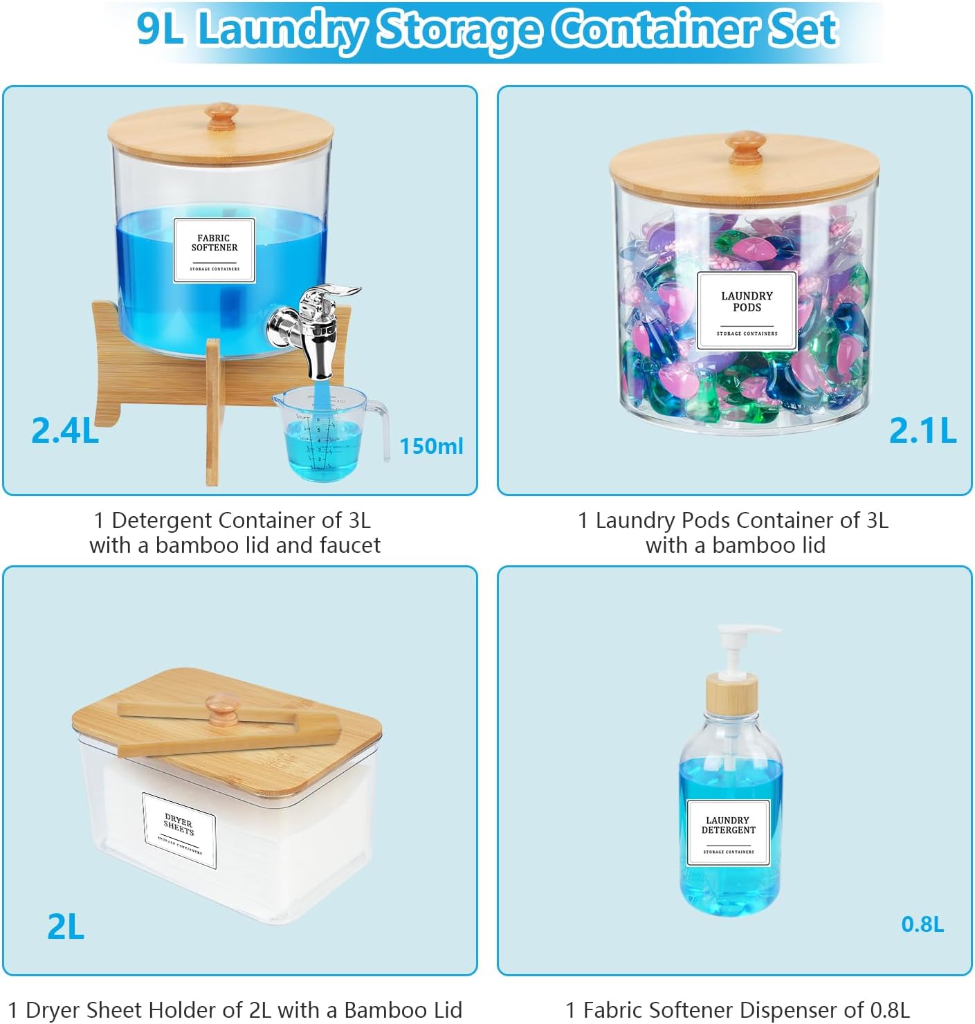 Liquid Laundry Detergent Dispenser, 10 Set Laundry Room Organization Laundry Pods Container & Dryer Sheet Holder with Lids & Labels, Fabric Softener Dispenser for Detergent Powder Dryer Balls Beads