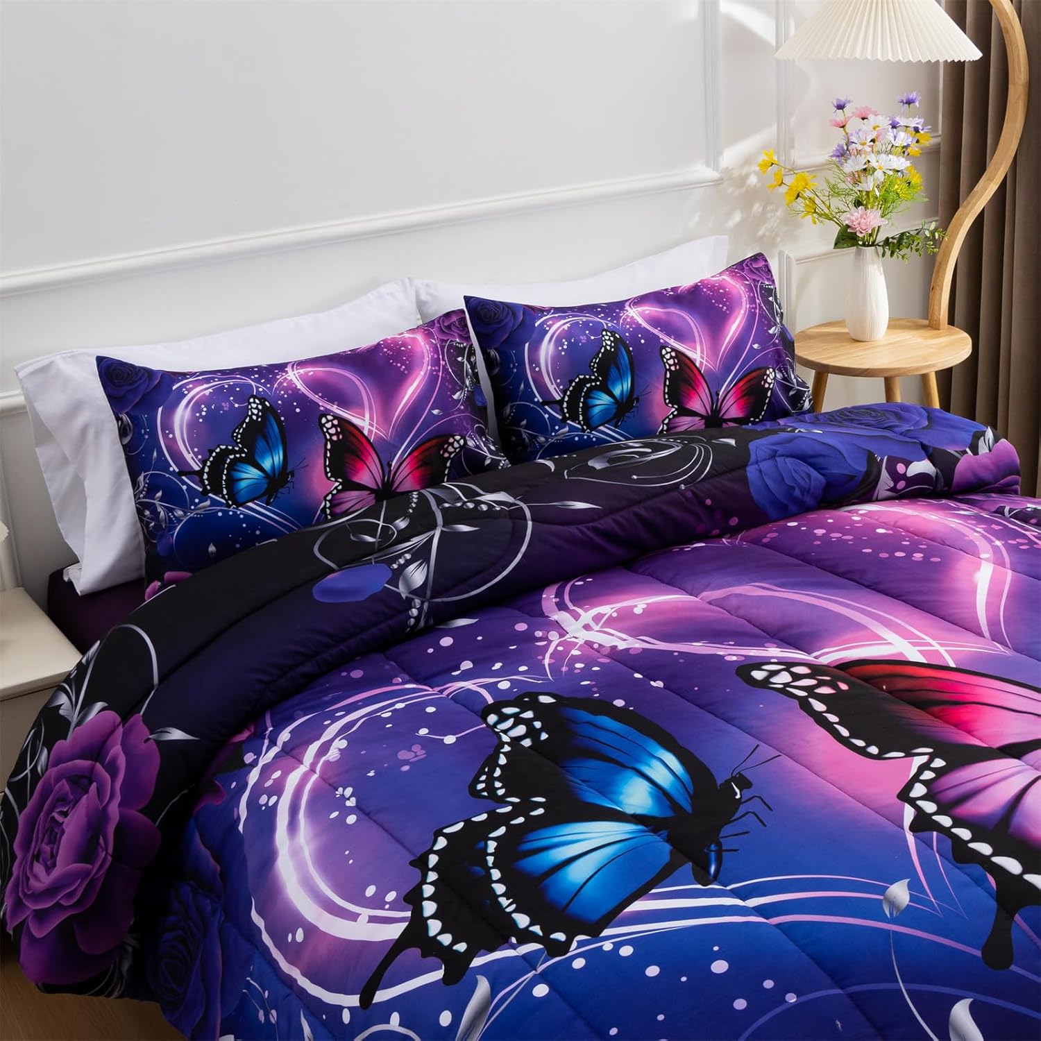 A Nice Night Galaxy 6pcs Bed in A Bag Purple and Blue Dreamy 3D Butterfly Printed, Butterflies Bedding Twin Comforter Set, for Girls Kids Teens - Image 7