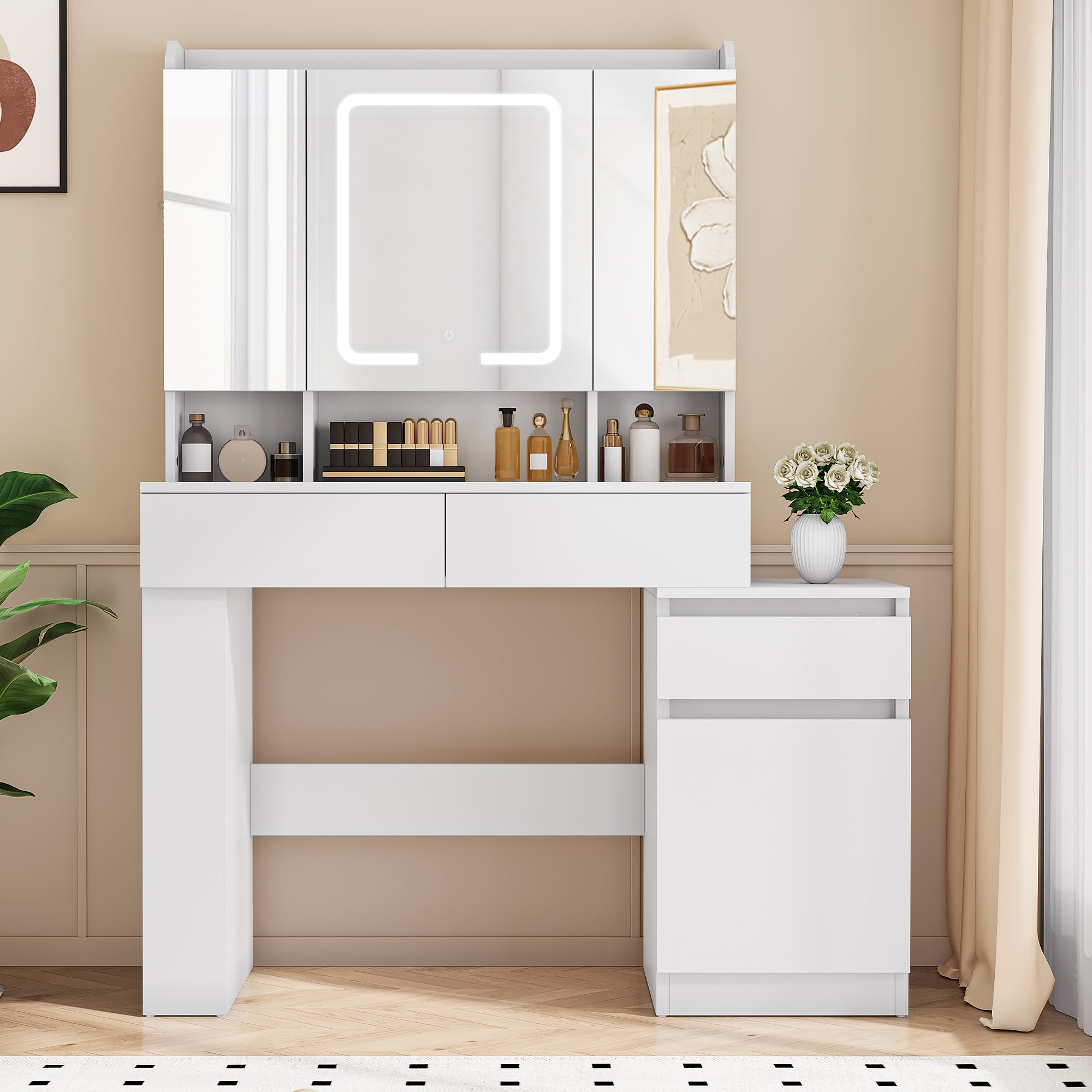 YITAHOME Schminktisch mit Spiegel und LED-Beleuchtung, Schubladen und USB-Anschluss, verstellbaren Fächern, moderner Frisiertisch für Schlafzimmer und Make-up, Haartrocknerhalter Weiß