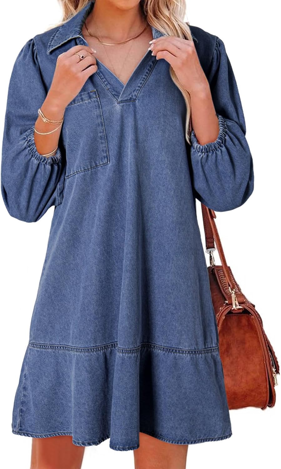 Dokotoo Denim Dress for Women Summer Casual Babydoll 2025 V Neck 3/4 Puff Sleeve Jean Dresses