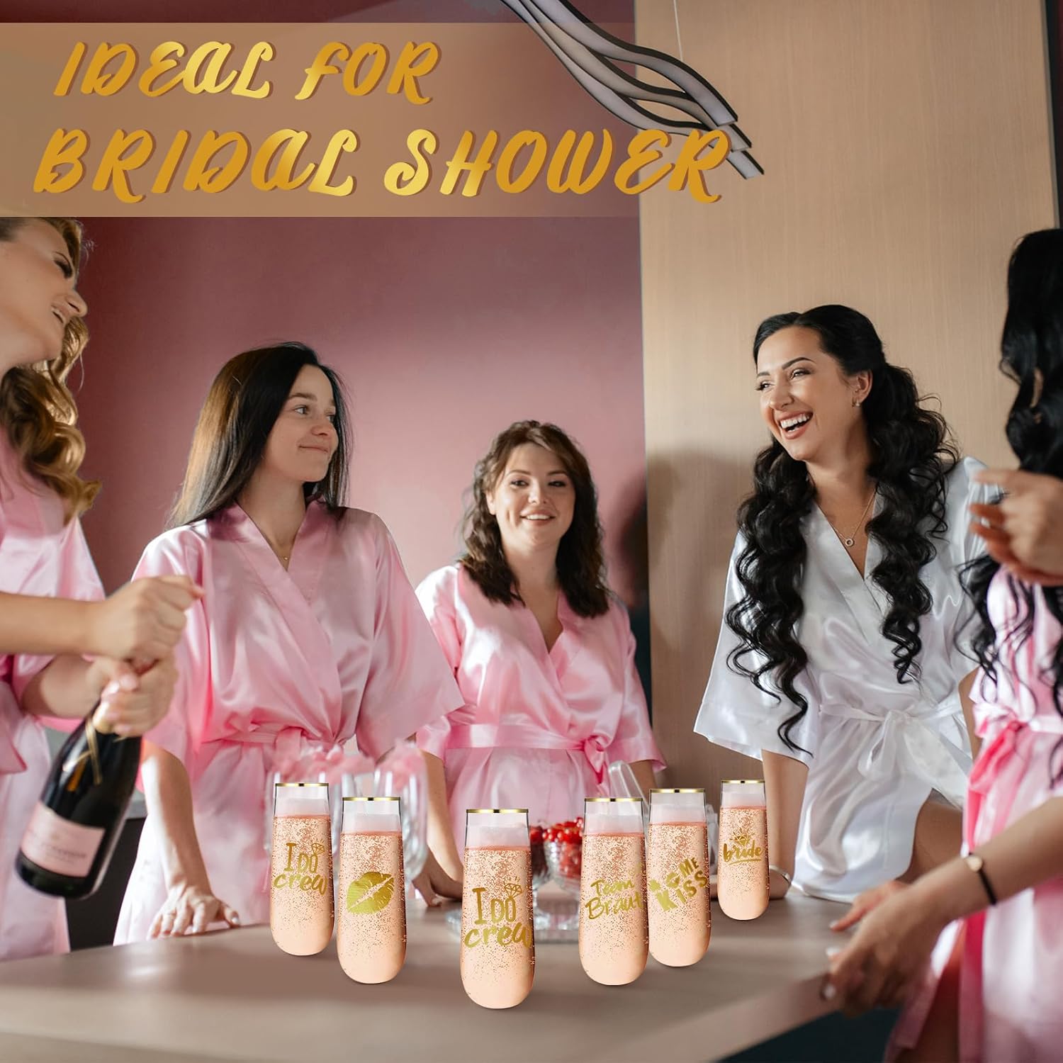 12 Pcs Bridesmaid Wine Glasses Bachelorette Party Champagne Flutes 9oz Disposable Stemless Glass Champagne Flutes Gold Rim Toasting Glasses for Weddings and Parties with 12 Pcs Stickers - Image 5