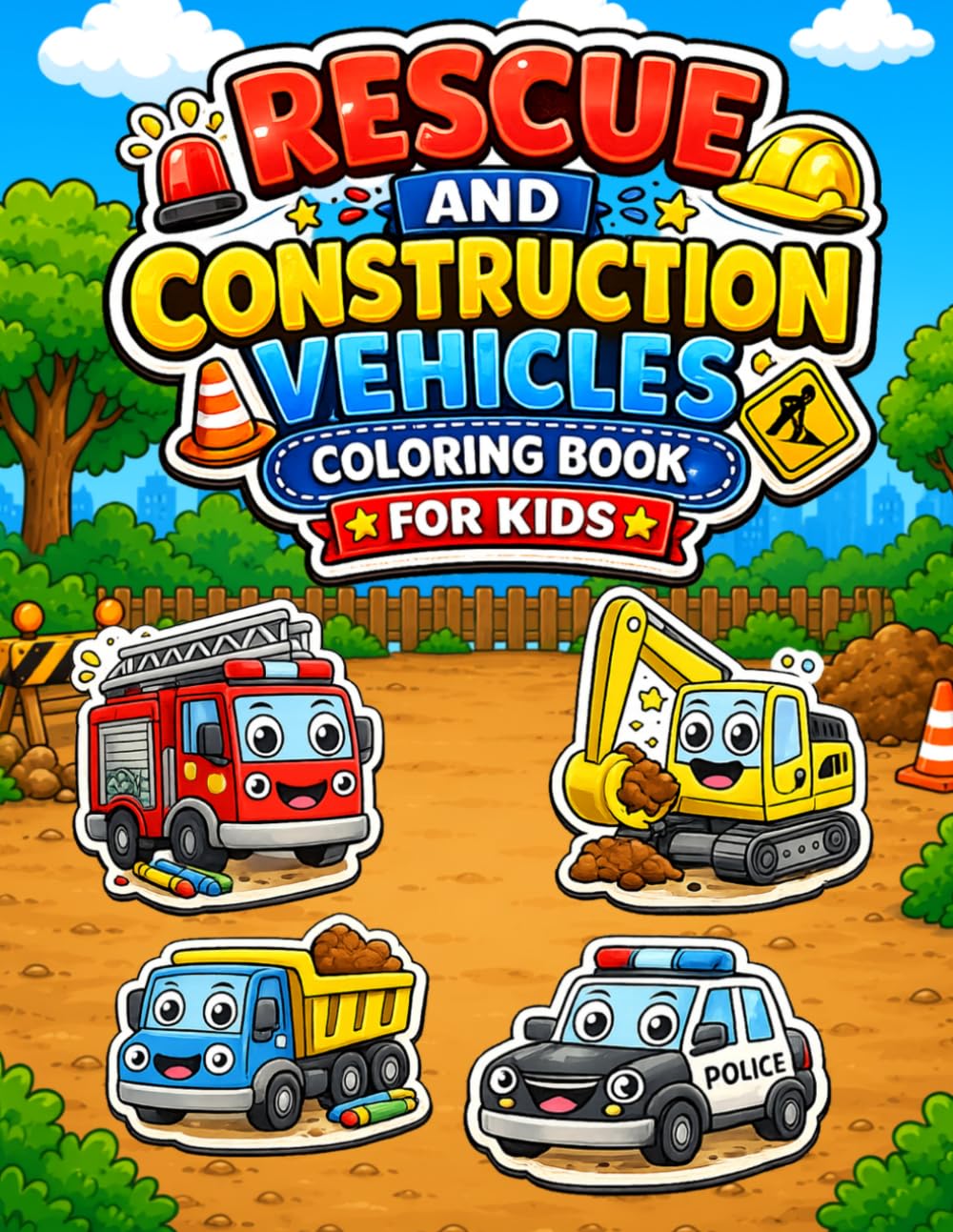 Rescue and Construction Vehicles Coloring Book for Kids: Fire Trucks, Ambulances, Police Vehicles, Excavators and More for Ages 4-8