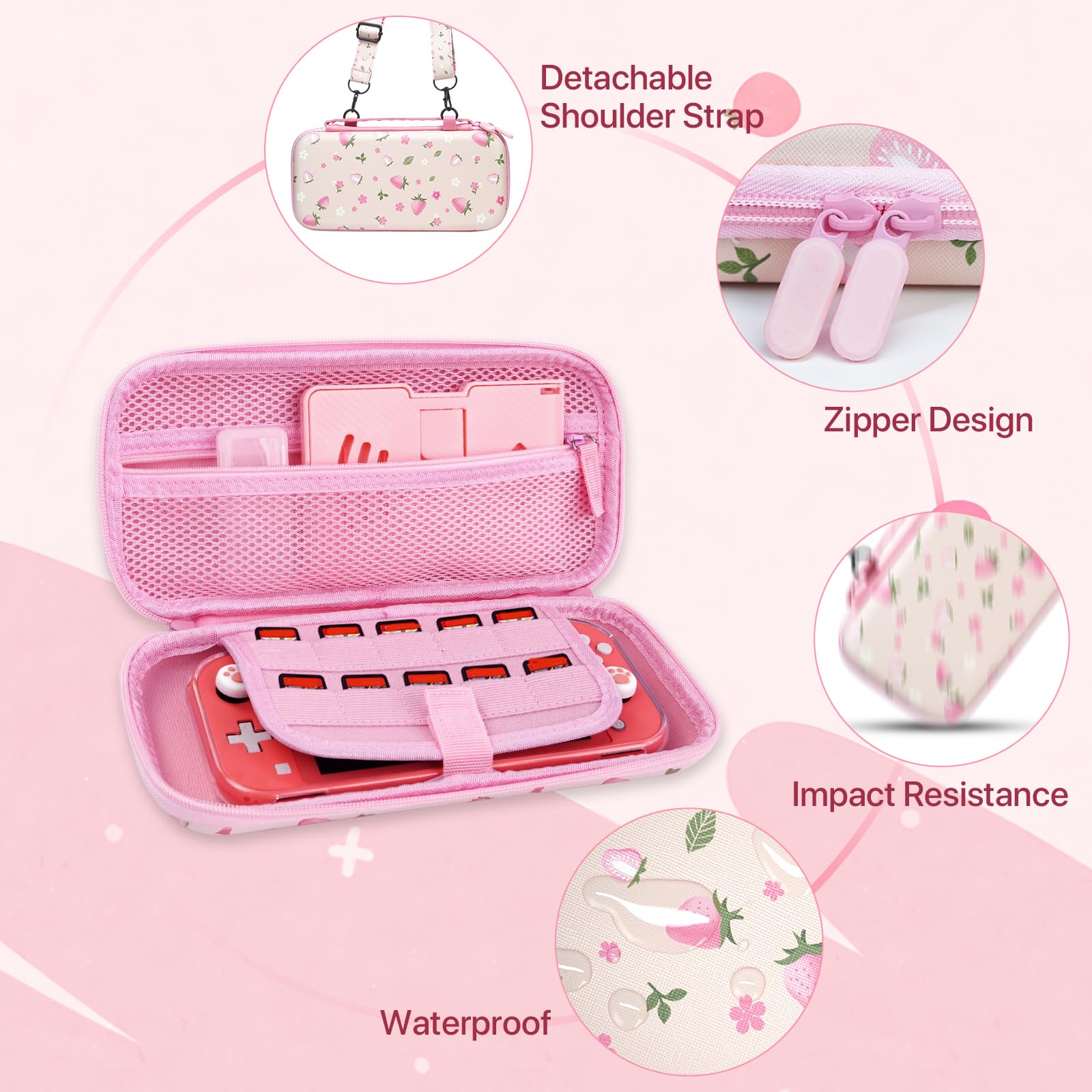 Switch Lite Protective Case 19 in 1 Accessories Bundle with Carrying Case, Switch Lite Carrying Case Travel Game Case with Screen Protector Cover, Humb Grips,Stand,Clear Case for Girls (Berry Pink)