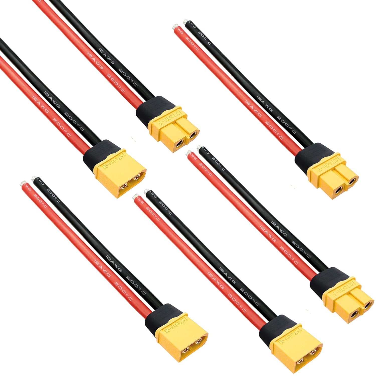 Amass XT60H Connector Plug Cable - Female and Male (XT60 Upgrade Plug) Connectors Adapter with 12AWG 100mm Silicone Wire for RC Lipo Battery Cable Drone Car Boat (6PCS)
