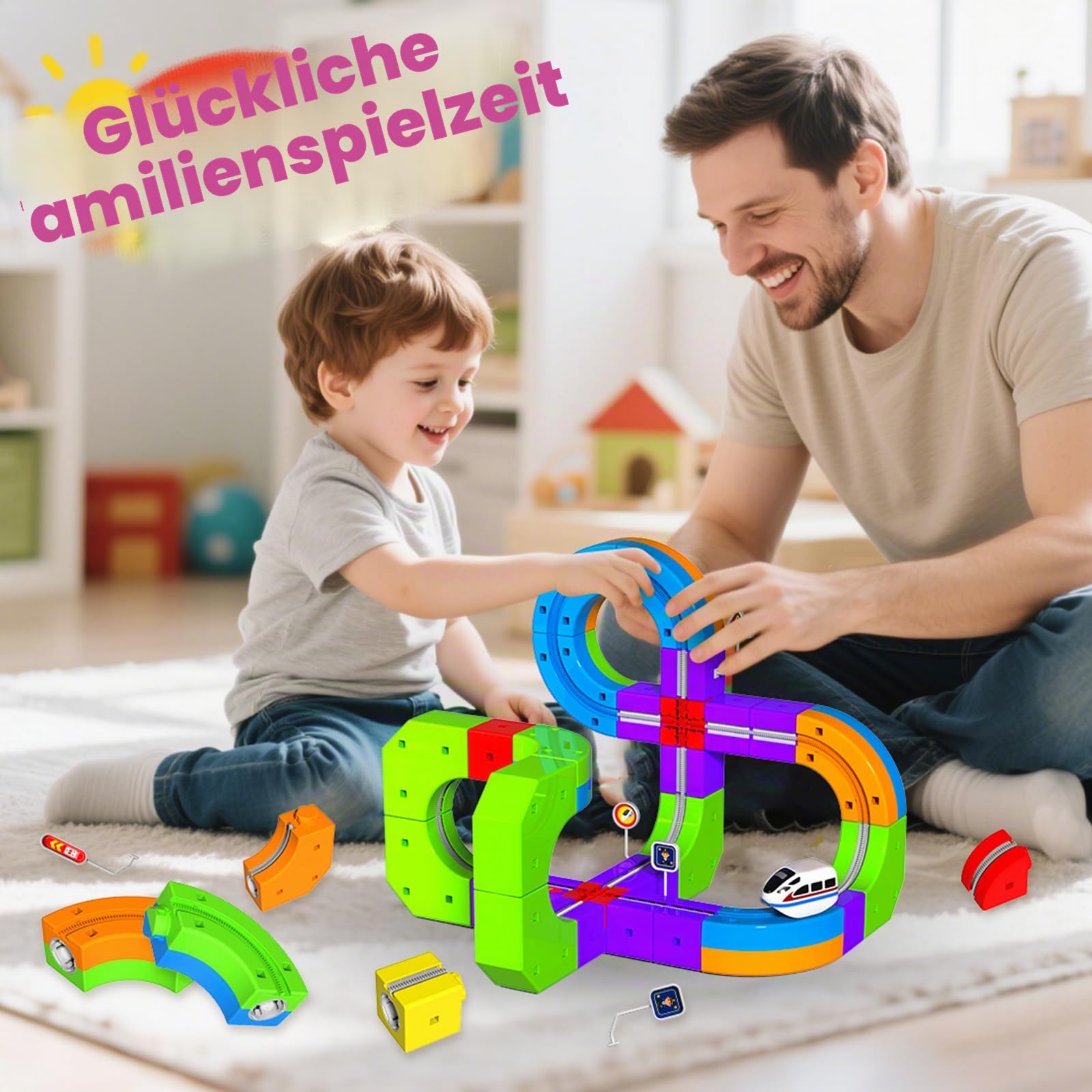 Goody King Eisenbahn Kinder Elektrisch 69 Teile - 3D DIY Magnetzug Set mit Cube Track, Enthält Züge und Verkehrsschilder, Kreatives Lernspielzeug STEM Geschenk für Kinder 4-12 Jahre