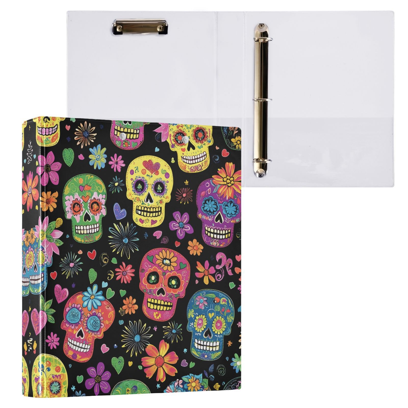 Confezione da 2 raccoglitori a 3 anelli, motivo floreale colorato con teschi di zucchero, 3,8 cm, con 3 tasche trasparenti, portablocco e contiene 200 fogli, per ufficio, scuola
