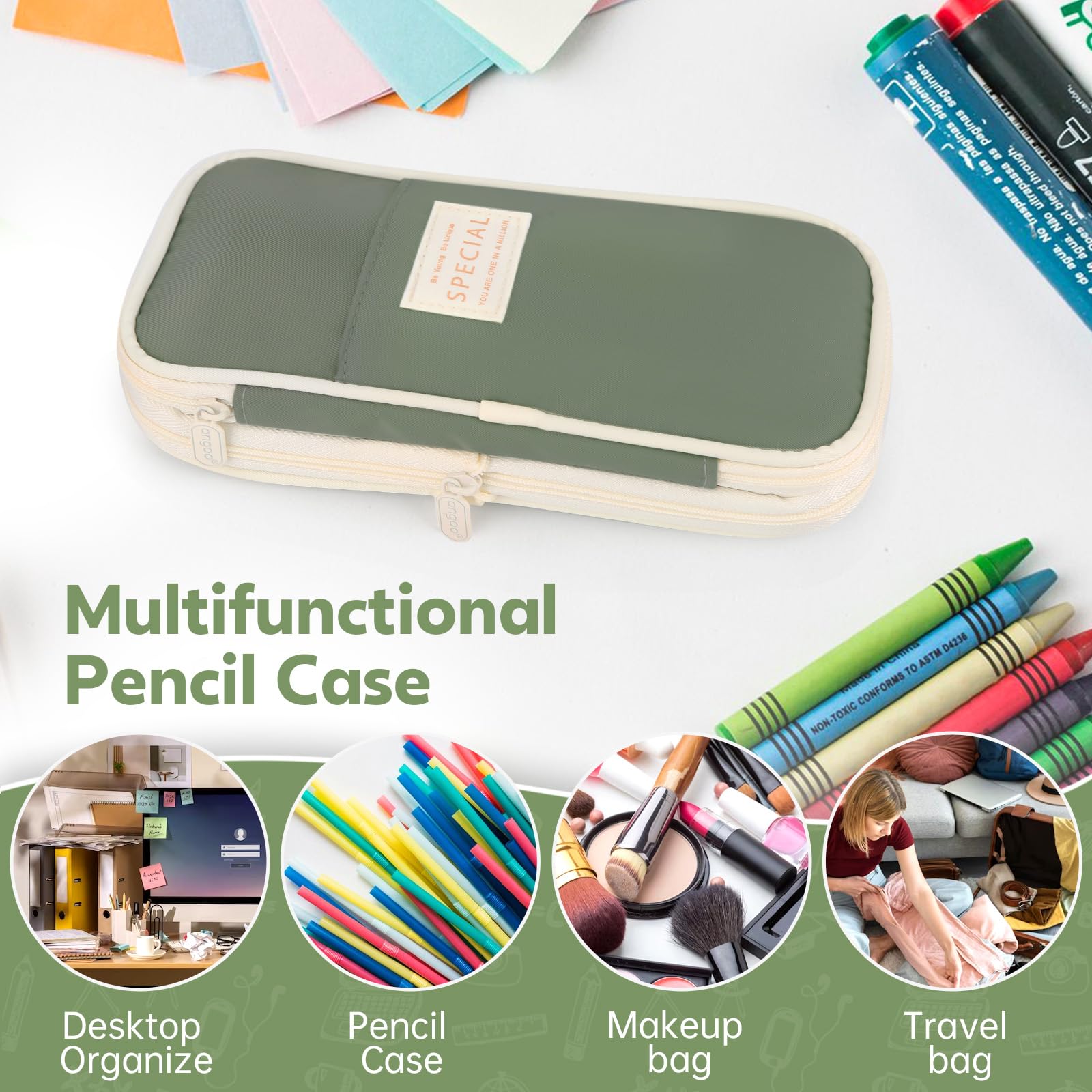 PUPTILY Pencil Case, Large Capacity Aesthetic Pencil Cases with Durable Zipper, Big Stationery Pencil Pouch for Women & Men, Adults Portable Storage Organizer Bag for College, office, Travel (Green) 3