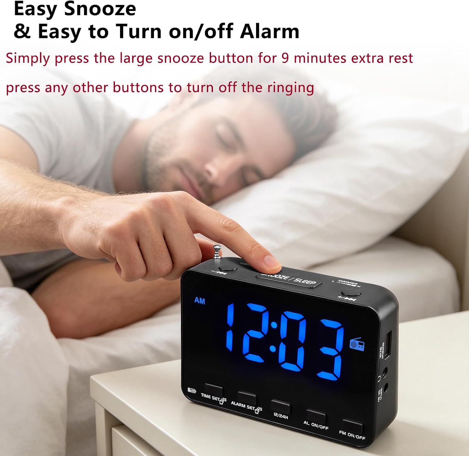 Loud Radio Alarm Clock for Heavy Sleepers Adults,Easy to use,Bedside Digital Small Clock with Sleep Timer,FM Radio Wake up,Volume& Dimmer Wheel,Snooze,USB Port,Battery Backup for Bedroom