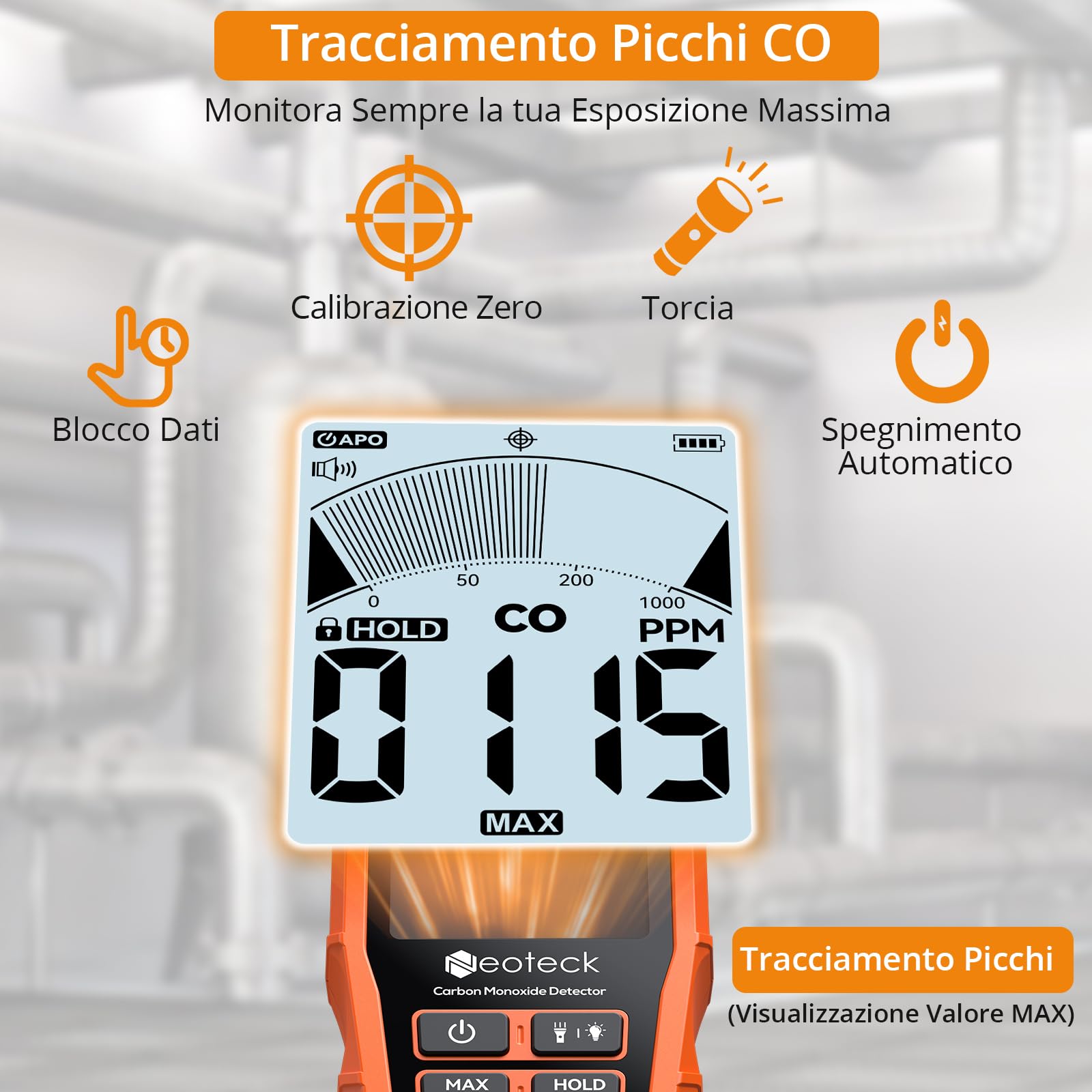 Neoteck Rivelatore Portatile di Monossido di Carbonio 1000 PPM (10% Precisione) CO Detector con Soglie Regolabili, Doppio Allarme Visivo/Acustico, Ricarica USB e Torcia per Casa, Camper e Viaggi