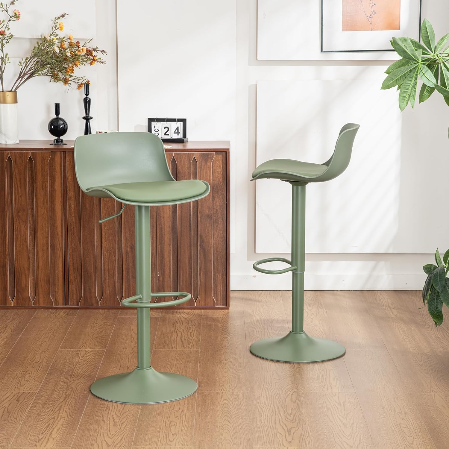 YOUNIKE Sgabello da Bar Verde Set di 2, Sgabelli da Cucina Girevole 360° Regolabili Altezza con Poggiapiedi, Moderno Seggiolone per Bar, Cucina, Bancone
