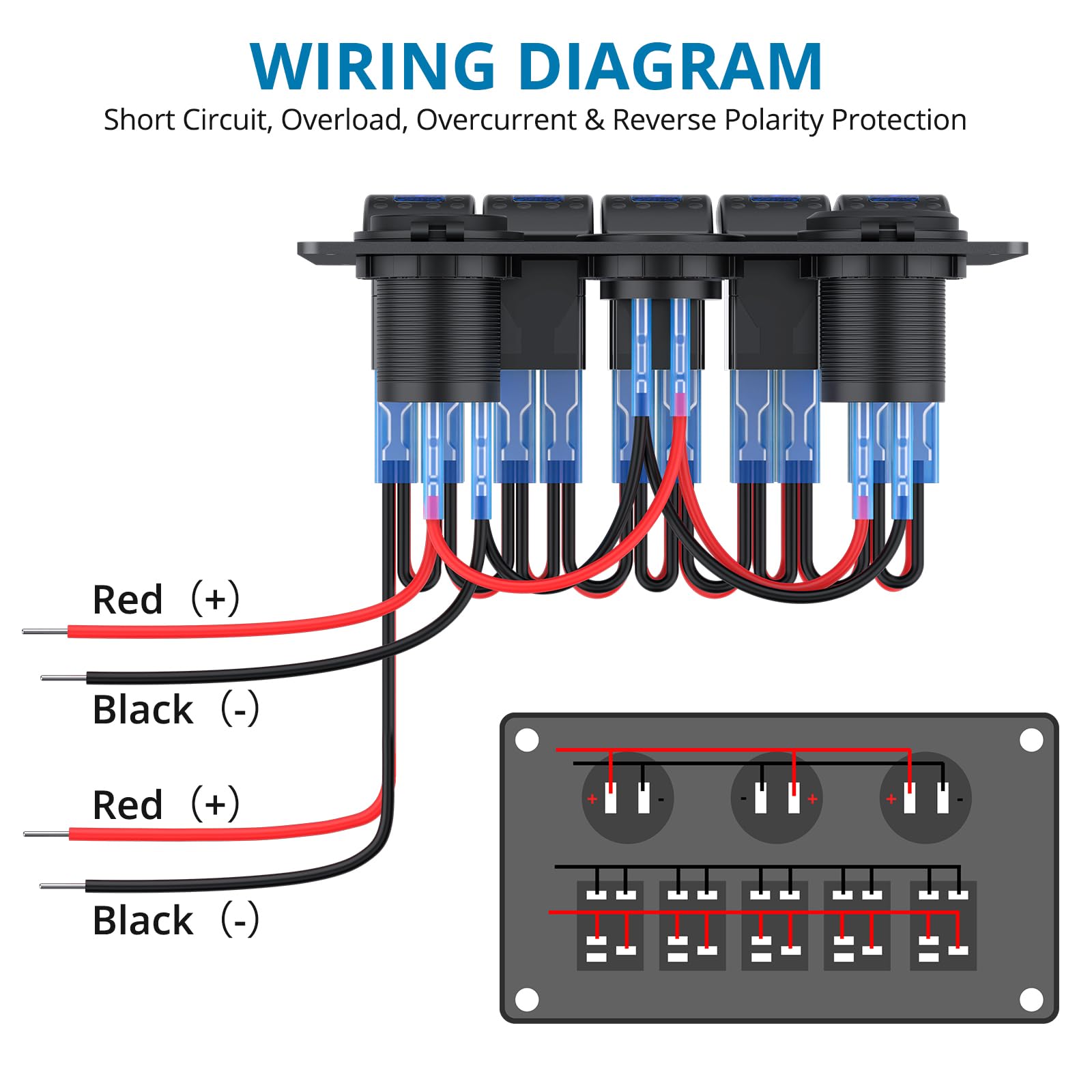 AUTOUTLET Panel przełączników 5-biegunowy, 12 V/24 V, przełącznik dźwigienkowy, IP66, wodoszczelna, podwójna ładowarka USB, woltomierz LED, zapalniczka z naklejką świetlną, do samochodów, łodzi, łodzi